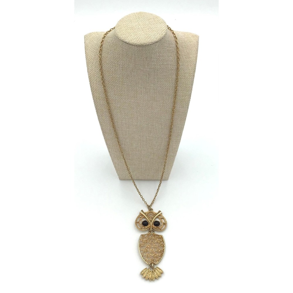 VTG Sarah Coventry Gold Tone Filigree Articulated Owl Pendant Necklace Statement